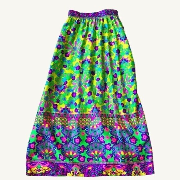 Vintage 70s Alex Colman Psychedelic Floral Maxi Wrap Skirt Neon Boho Small - Picture 12 of 16